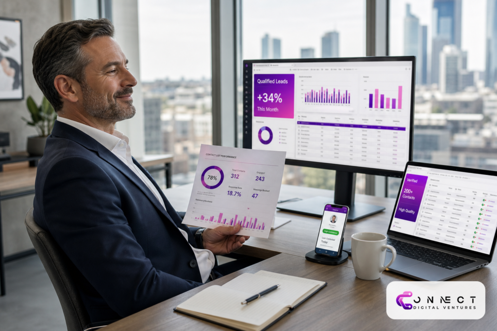 Business manager reviews B2B contact data for lead generation campaigns on multiple screens showing verified leads and 34% co