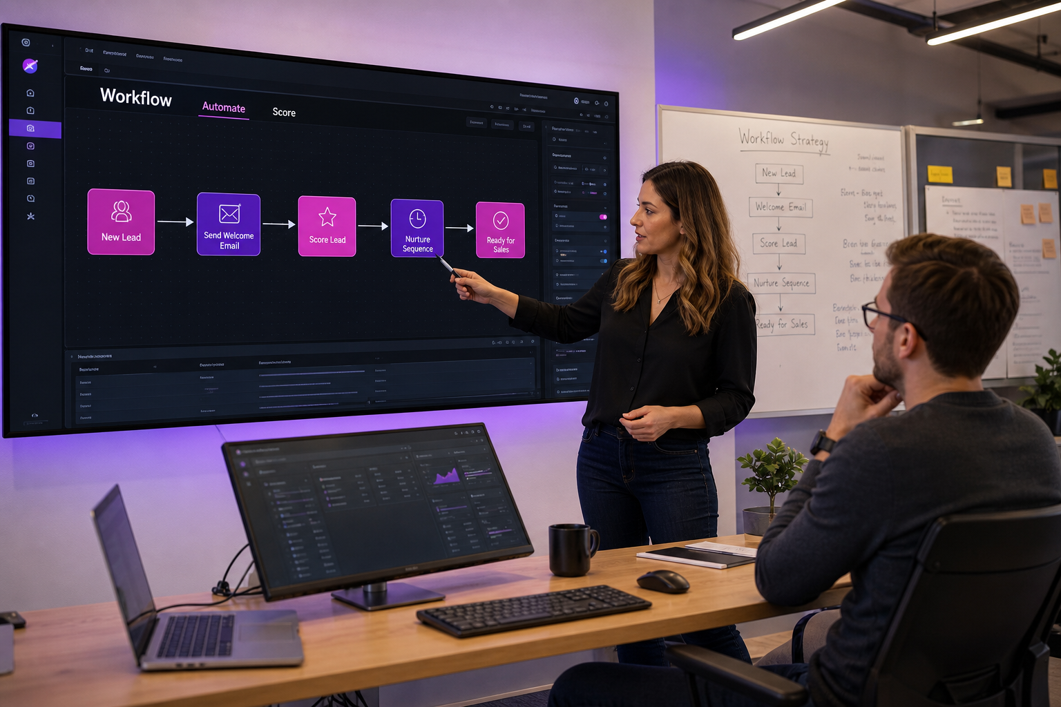 Marketing team configuring B2B email automation workflow for lead nurturing and scoring process