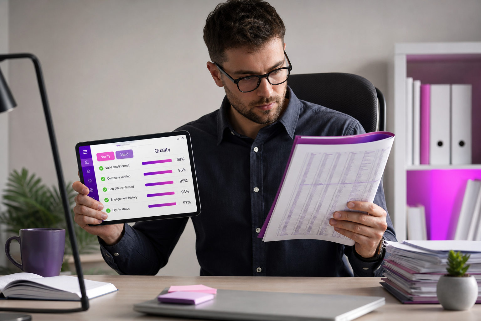 Professional reviewing B2B email list quality metrics and contact validation data on tablet