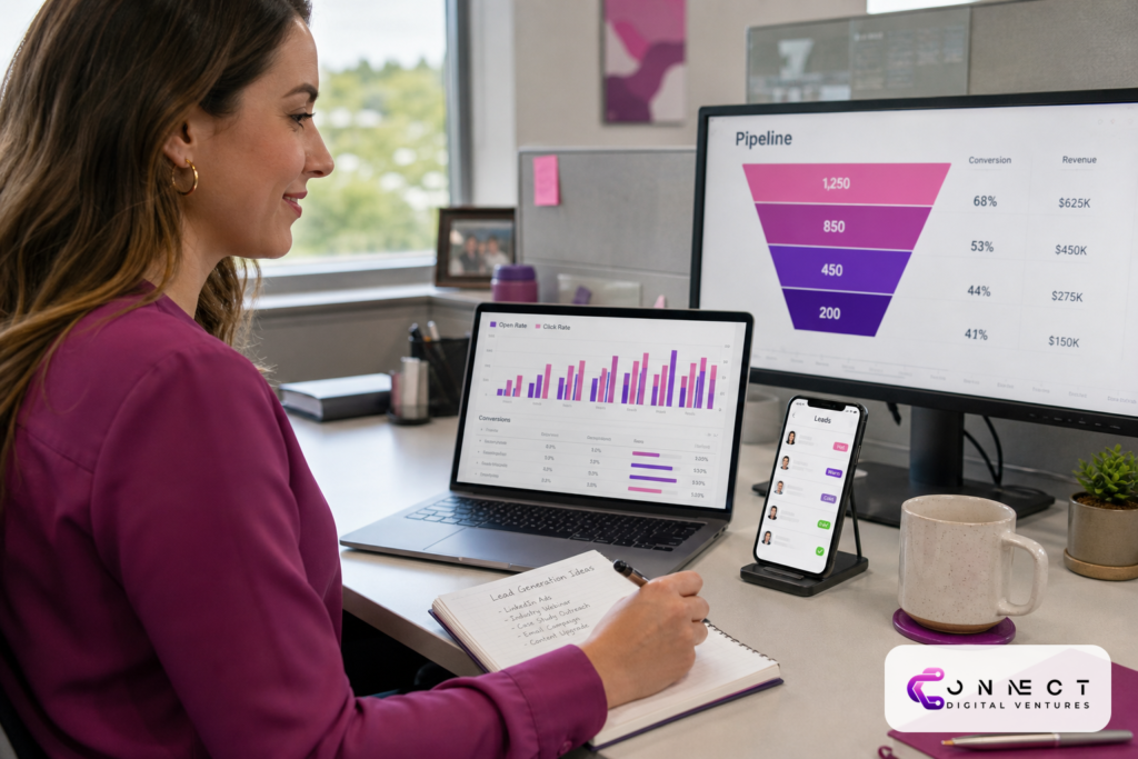 B2B email marketing strategy for lead generation: marketer reviewing email campaign performance dashboard