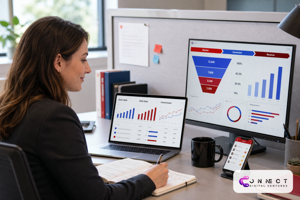 B2B email marketing strategy for lead generation: marketer reviewing email campaign performance dashboard