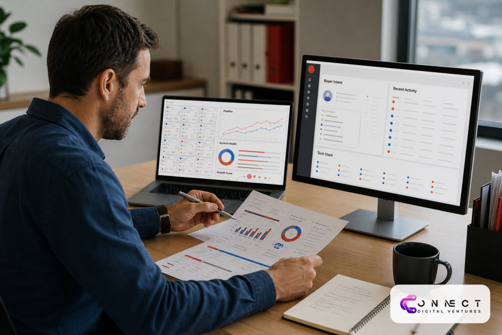 RevOps manager analyzing buyer intelligence dashboards to build B2B marketing pipeline strategy