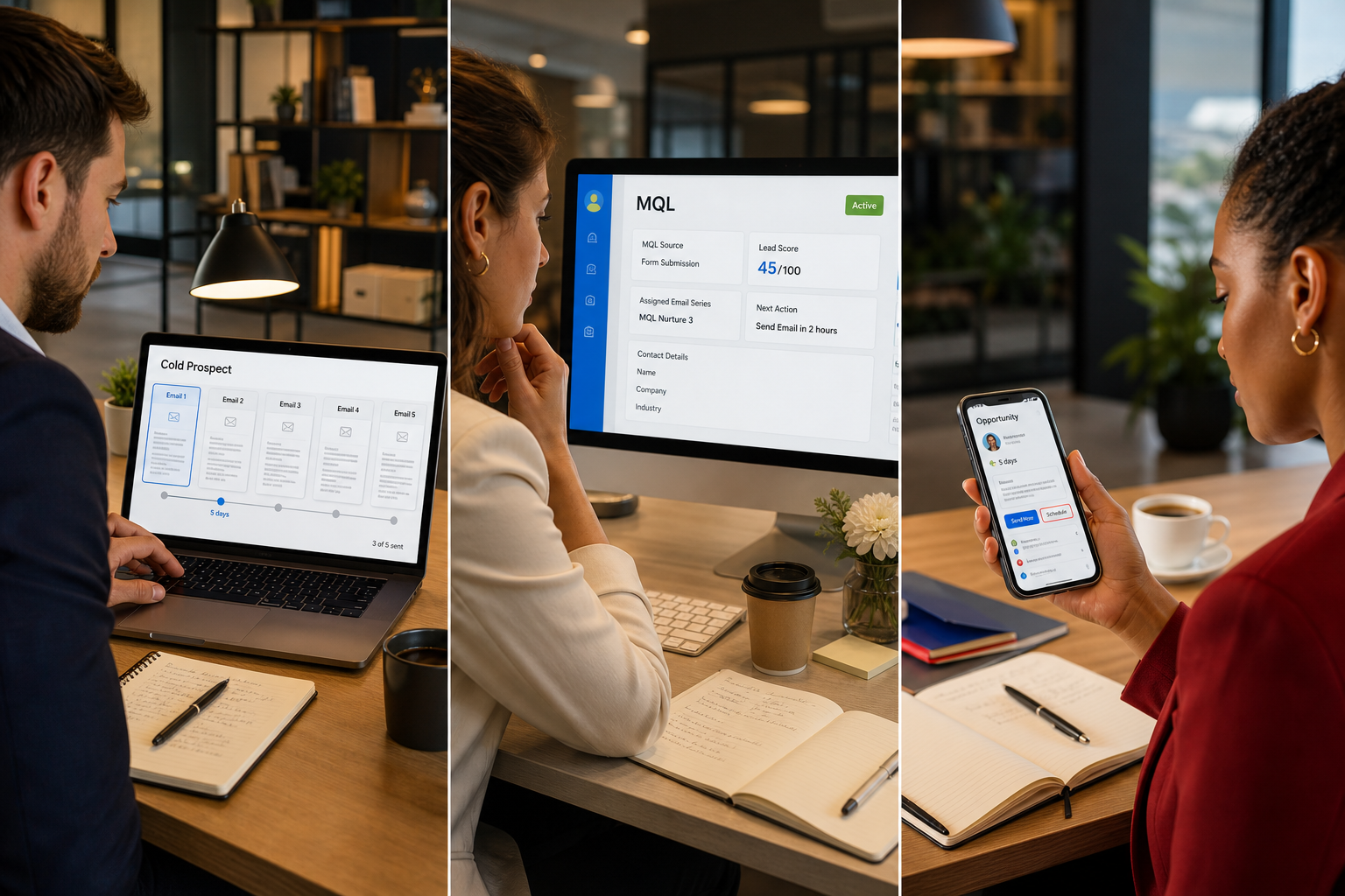 Three buyer journey templates for email automation: cold prospect nurture sequence, MQL workflow, and active opportunity re-e