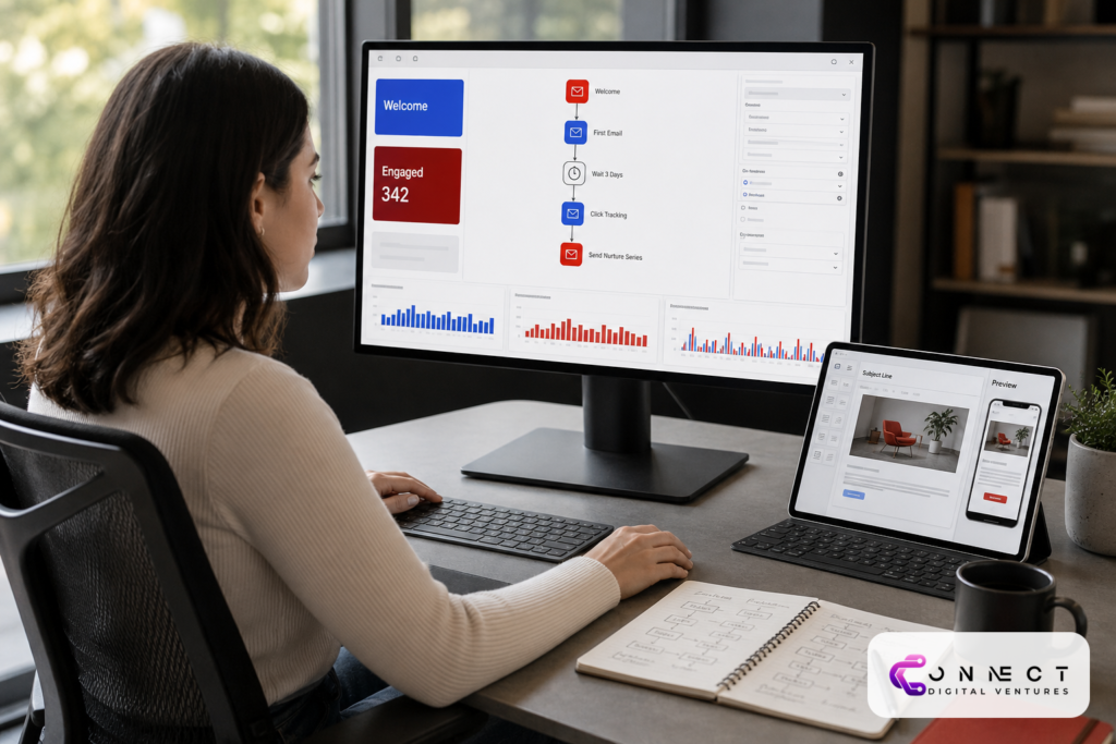 Email marketing automation workflows dashboard with automation nodes and lead segments on desktop monitor and email template