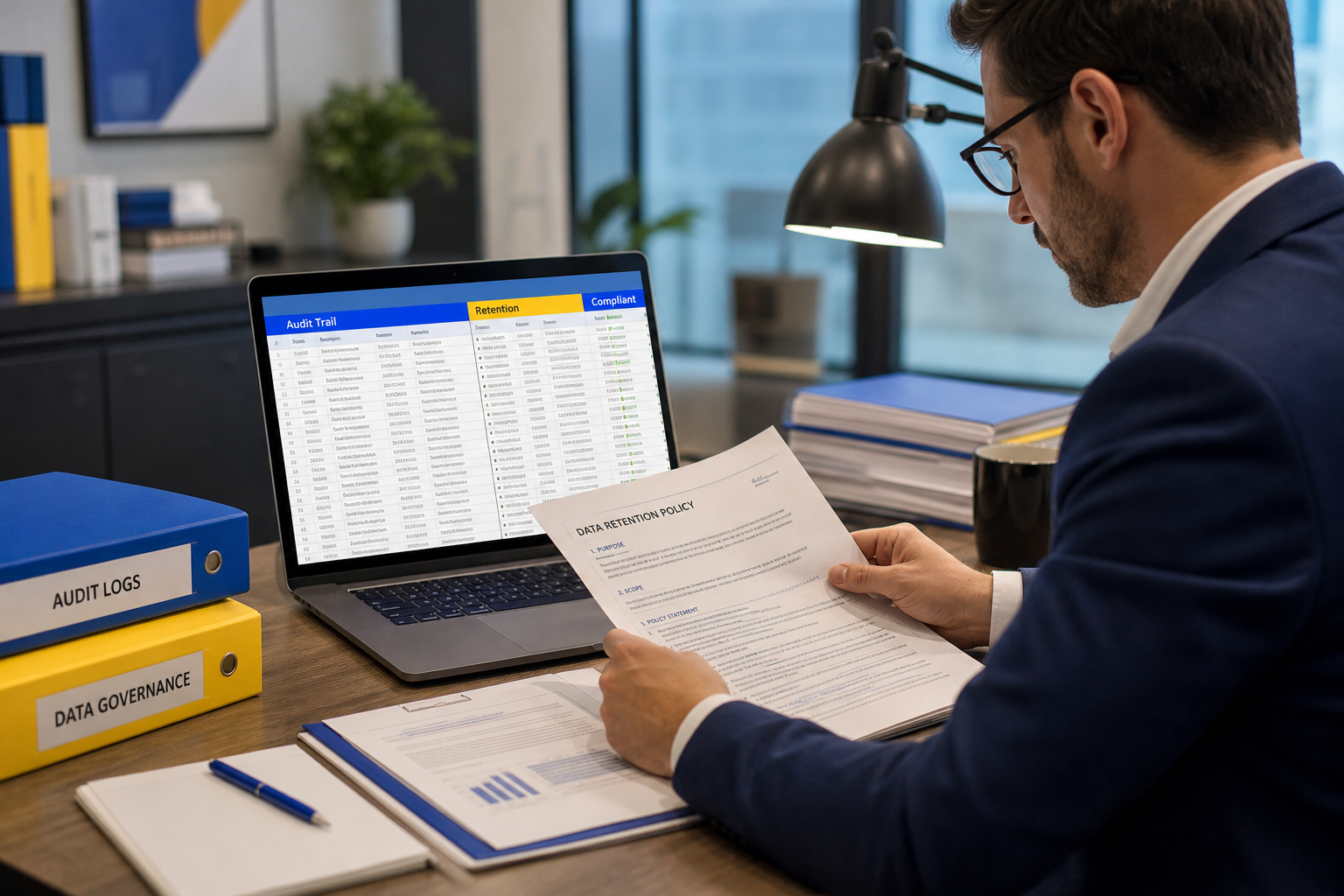 Compliance analyst reviewing audit logs and retention documentation on laptop at desk