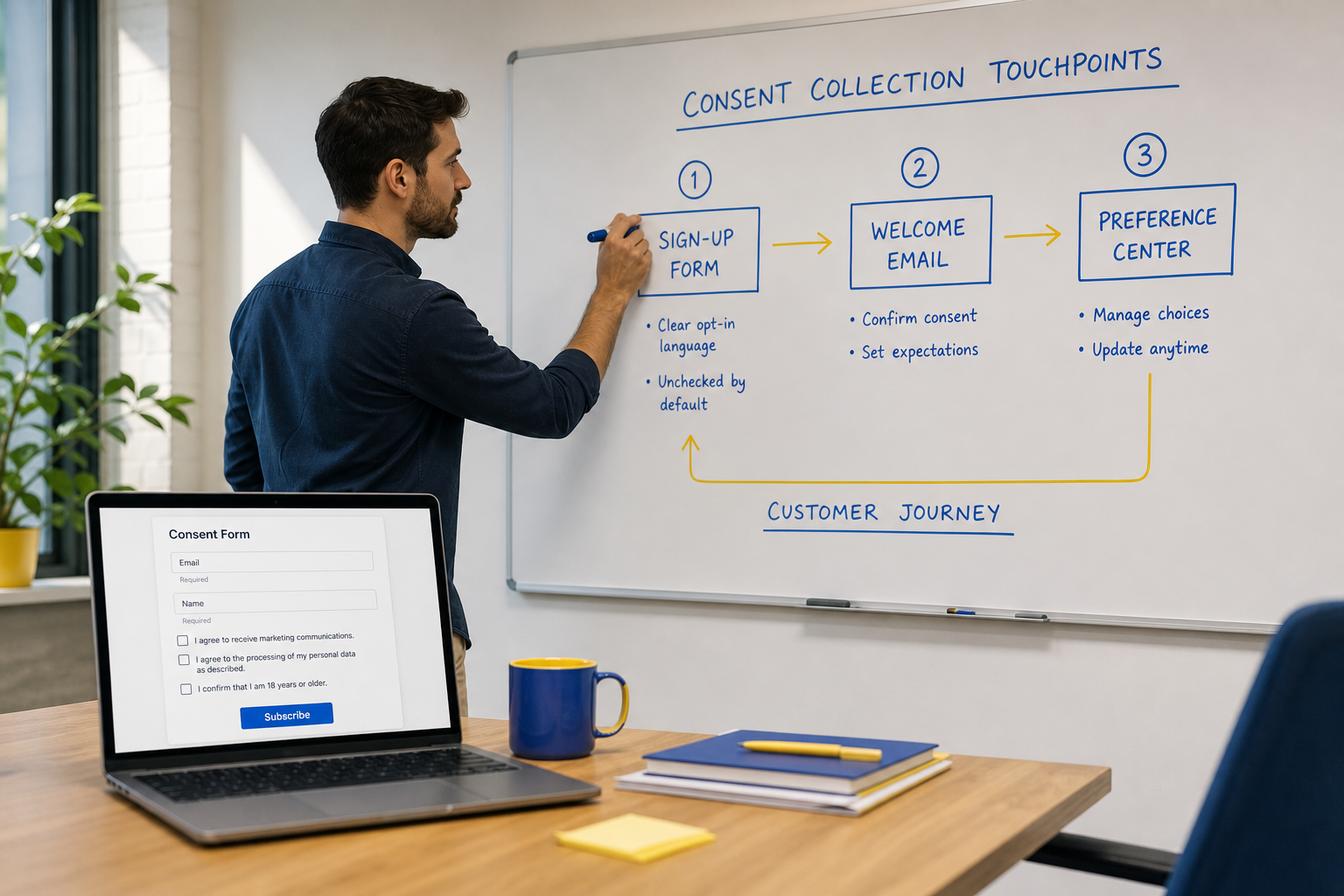 Data protection specialist drawing GDPR consent workflow and touchpoints on whiteboard in office