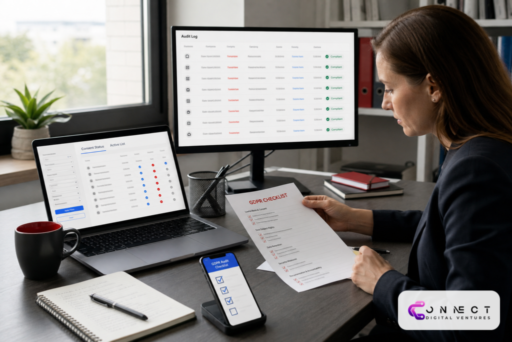 Compliance officer reviewing GDPR compliant email marketing list management documents and consent records on laptop