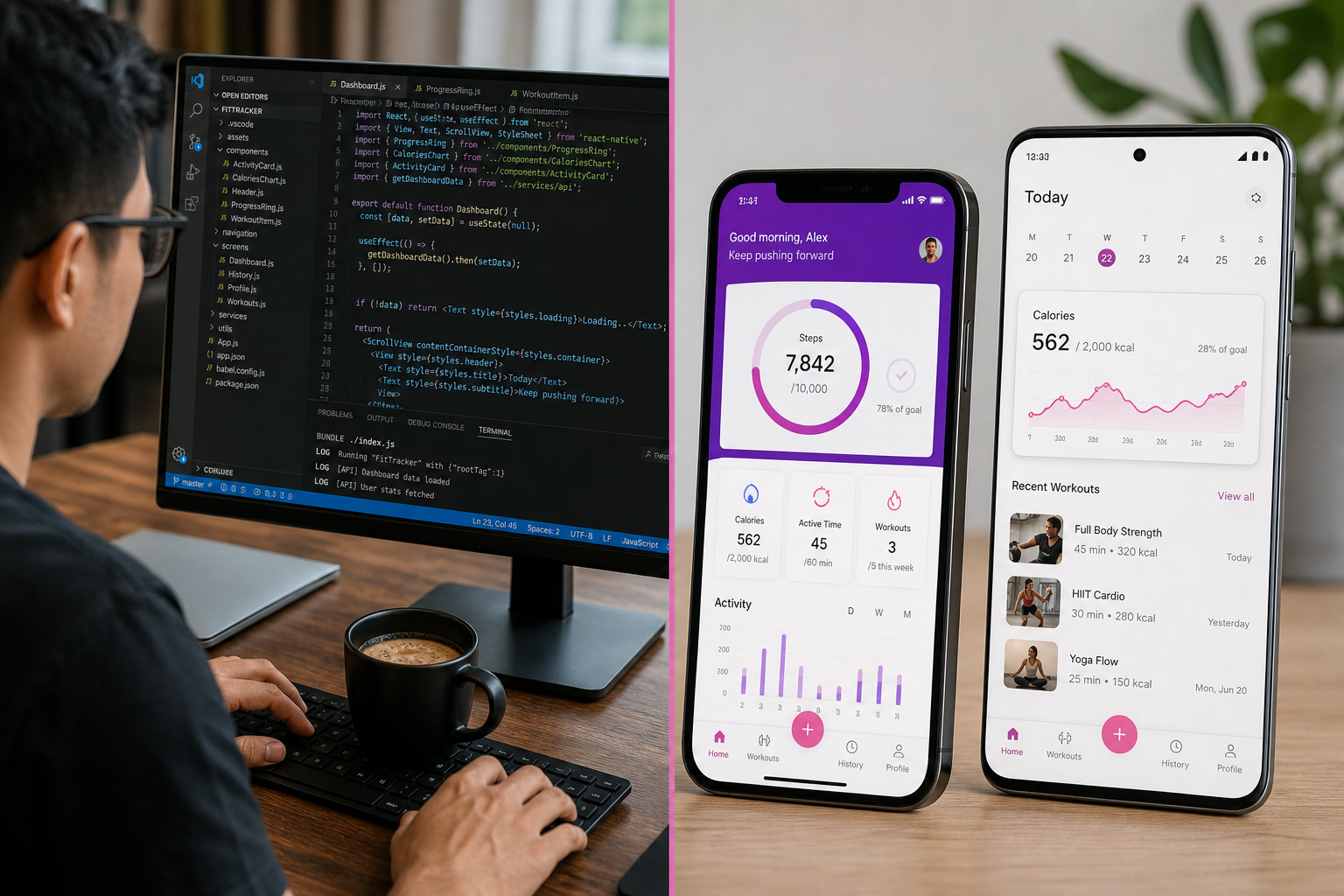 Cross-platform development code versus native iOS and Android app implementations side by side