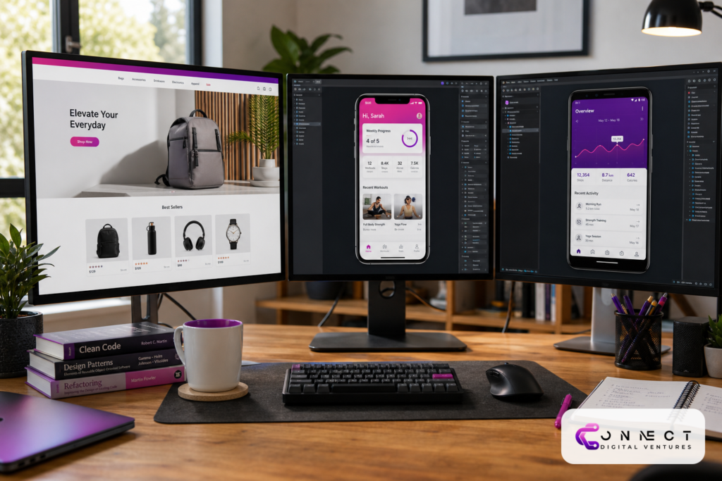 Developer workspace with Next Gen Websites & app on Web, iOS and Android devices