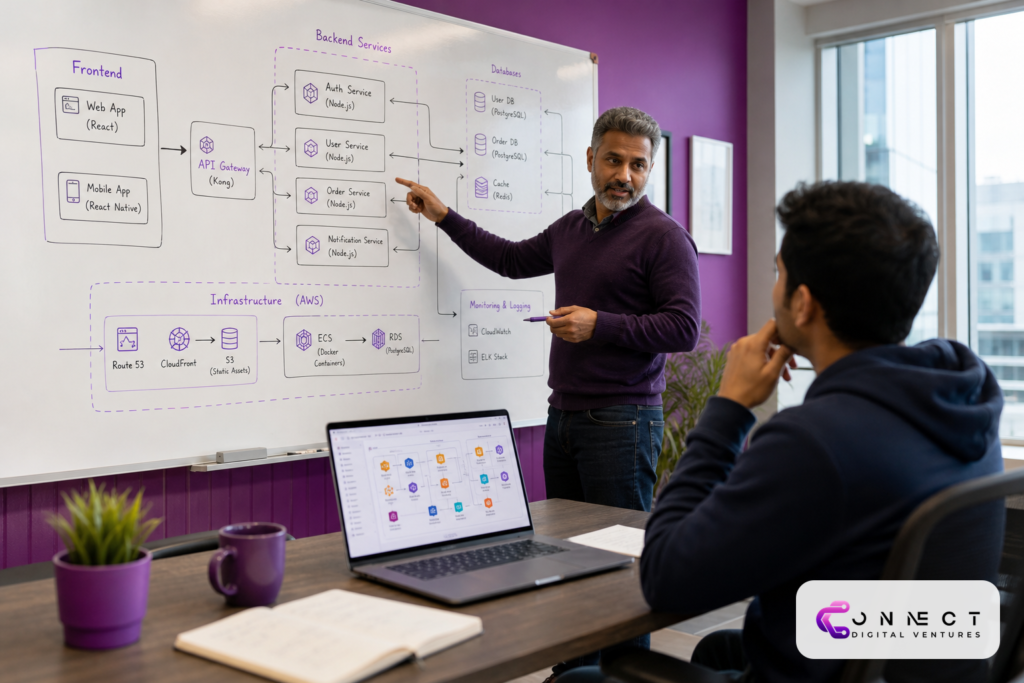 Tech architect pointing at whiteboard with app architecture diagrams while junior developer learns nearby; web and mobile app