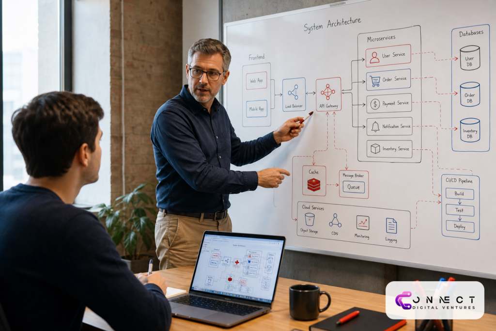 Tech architect pointing at whiteboard with app architecture diagrams while junior developer learns nearby; web and mobile app